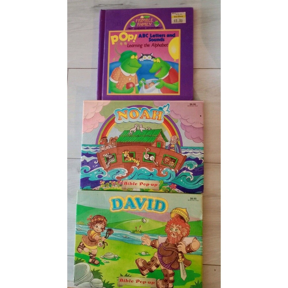 Lot of 2 Bible Pop-up Noah & David & 1 ABC Letters & Sounds Children's Books